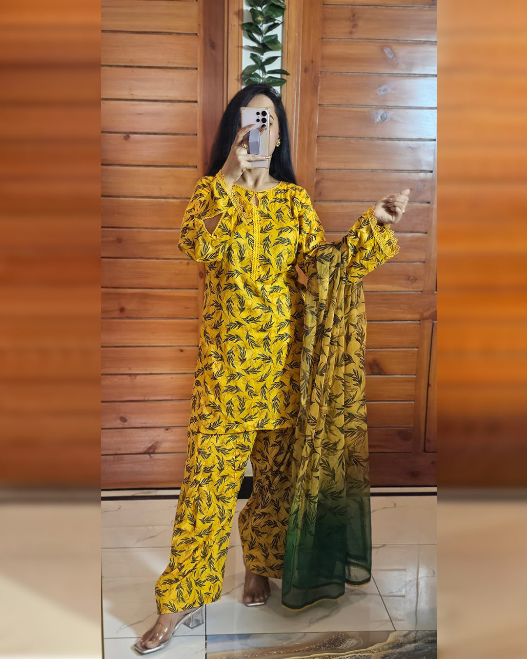 YELLOW LEAFY PRINT 3PC