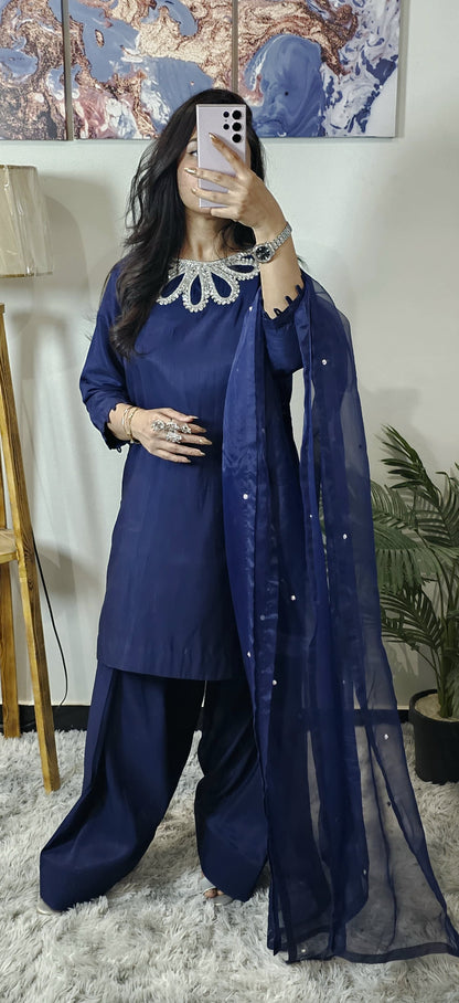 Blue formal raw silk 3pc