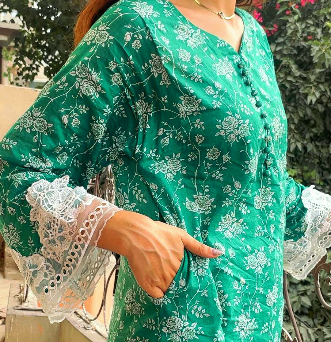 Green and white floral 2pc