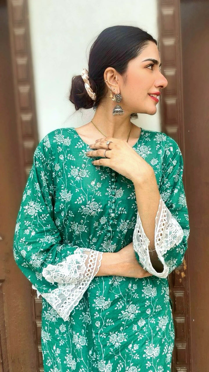 Green and white floral 2pc
