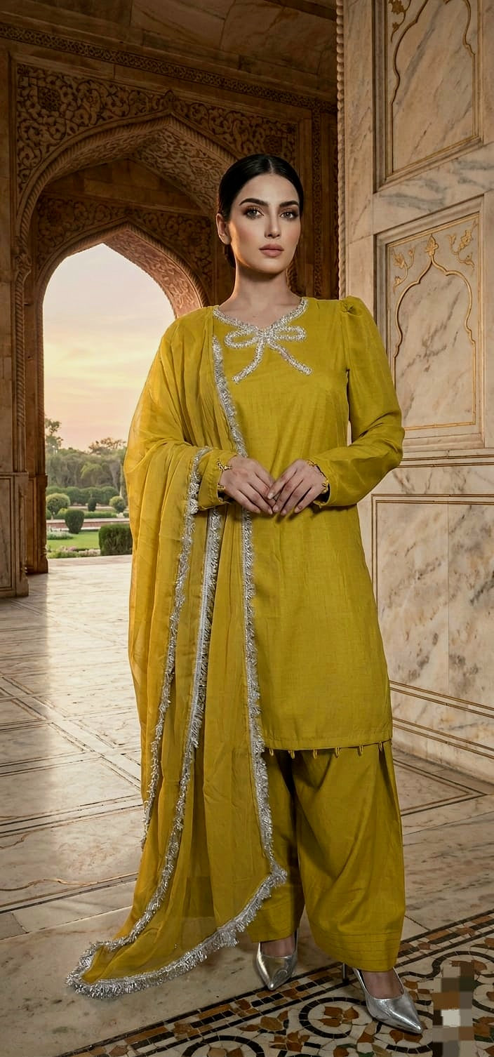 Dhani musturd Farshi Shalwar 3pc (stichted)