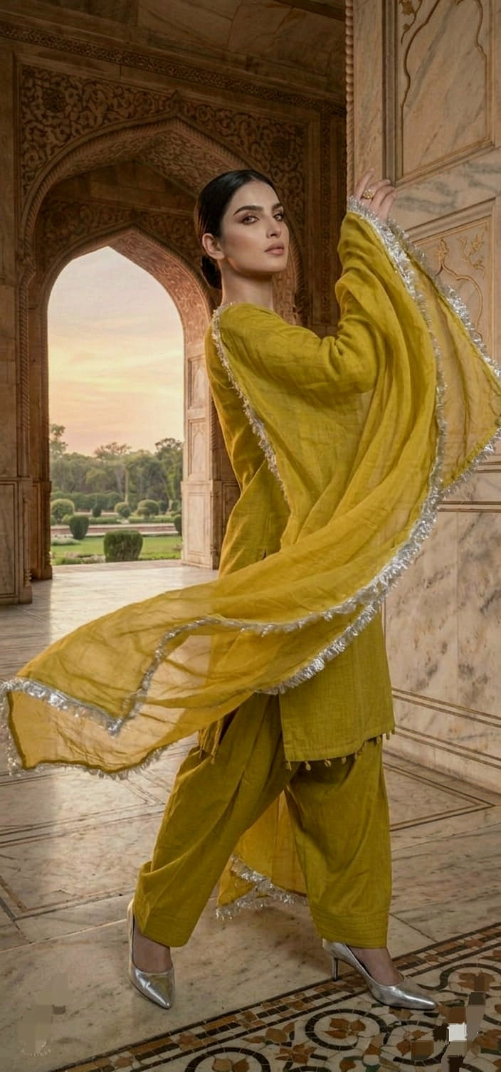 Dhani musturd Farshi Shalwar 3pc (stichted)