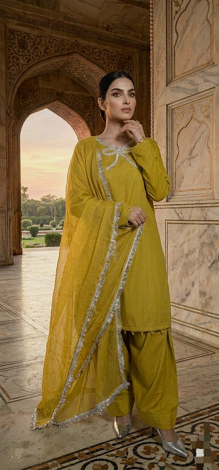 Dhani musturd Farshi Shalwar 3pc (stichted)