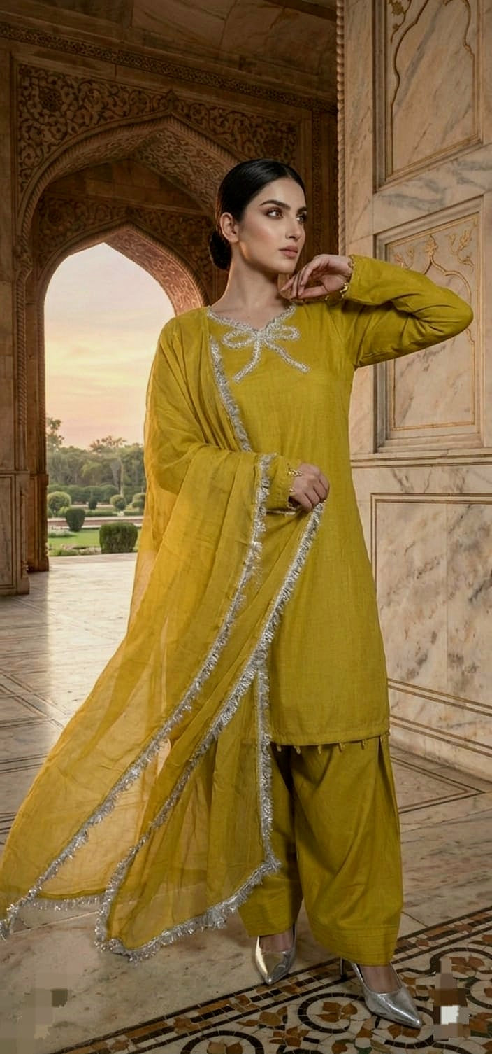Dhani musturd Farshi Shalwar 3pc (stichted)