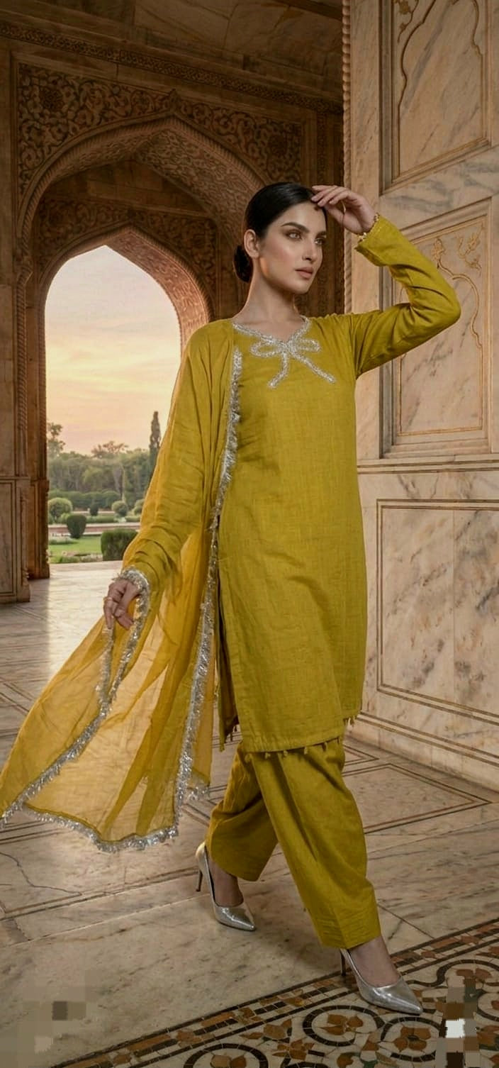 Dhani musturd Farshi Shalwar 3pc (stichted)