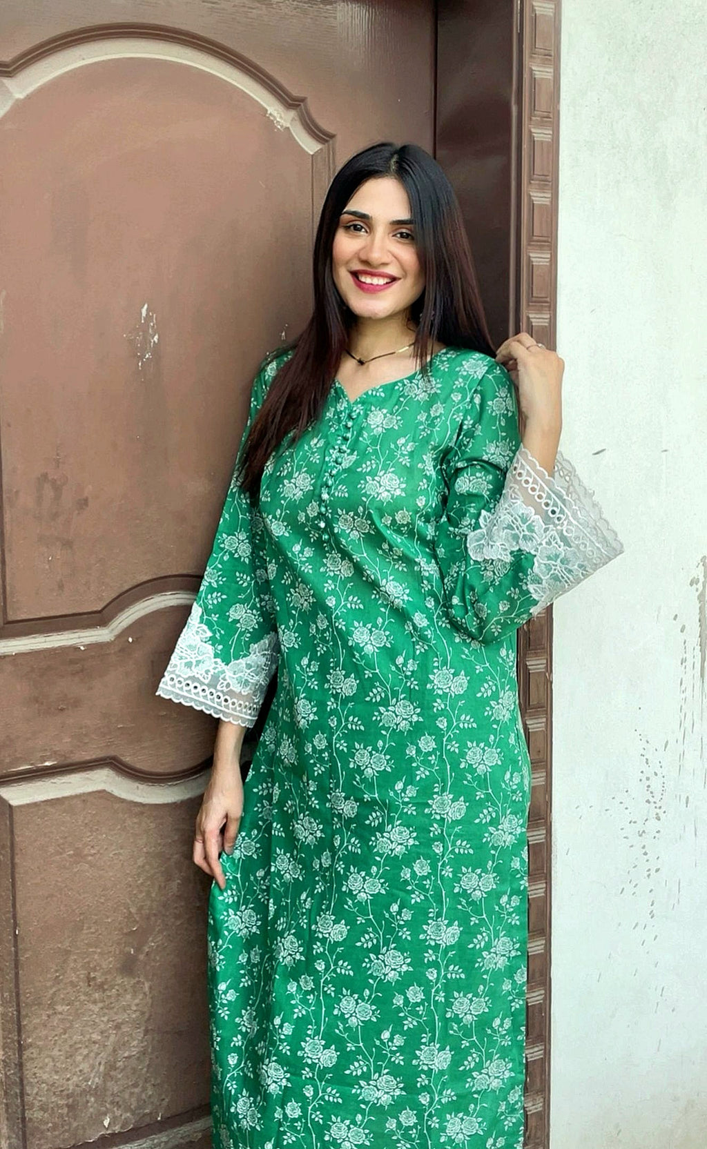 Green and white floral 2pc