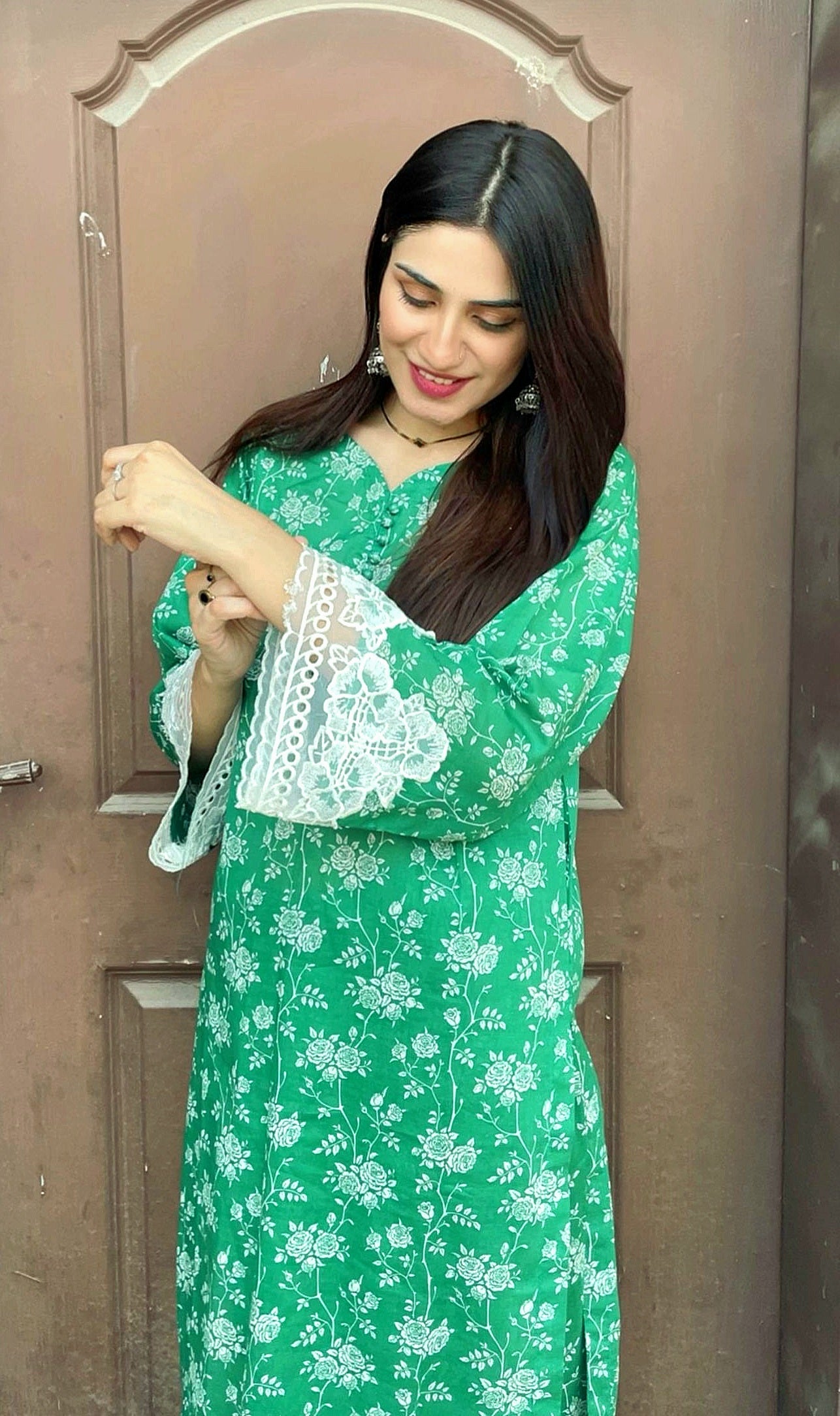 Green and white floral 2pc