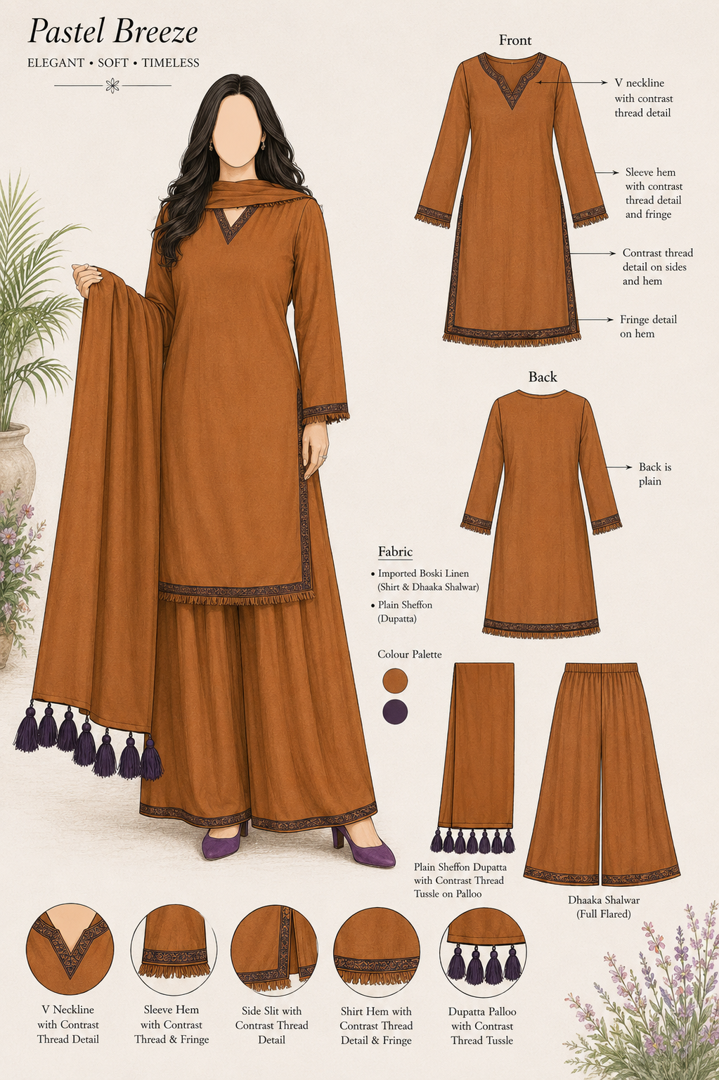 Rust Dhaaka shalwar 3pc (stichted)