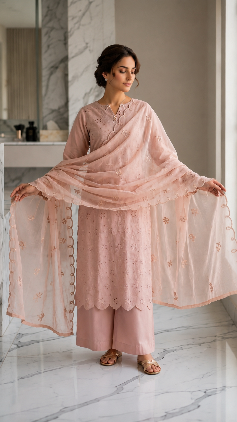 Tea Pink Luxury Lawn 3pc Set(stichted)