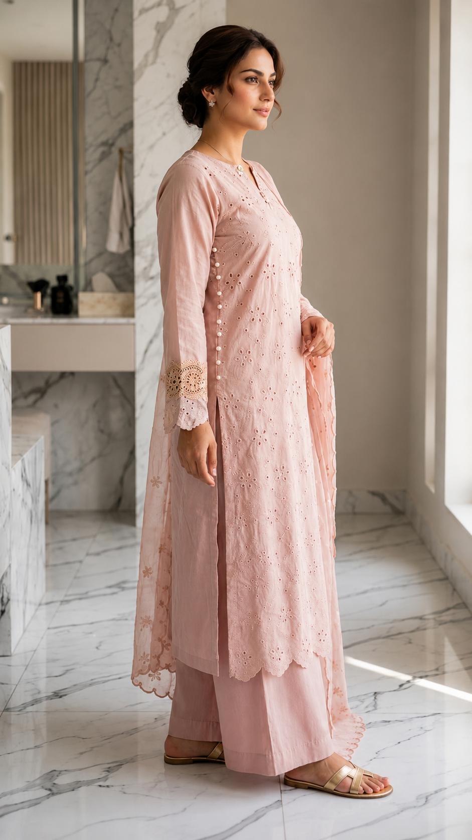 Tea Pink Luxury Lawn 3pc Set(stichted)