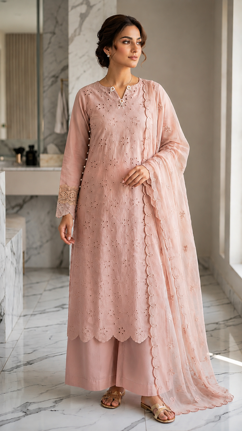 Tea Pink Luxury Lawn 3pc Set(stichted)