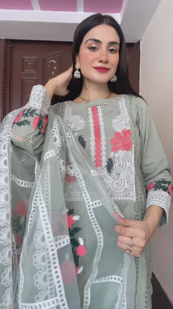 Olive Green Chickenkari Embroidery 3pcand 2pc[ defected  ]