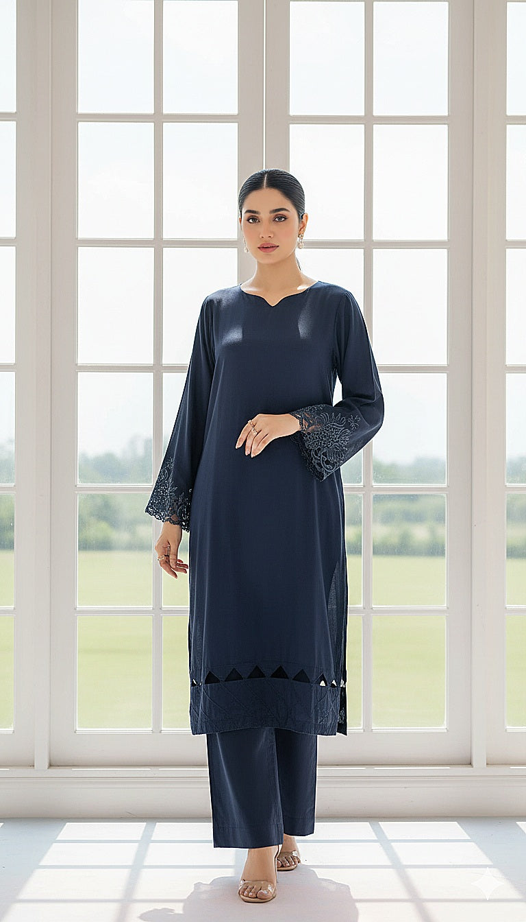 Navy blue Solid cutwork 2pc(Stitched)