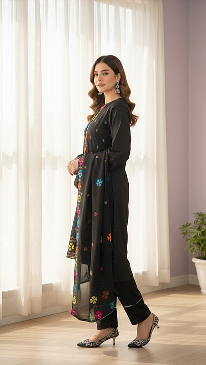 Black Cross sticht Embroidery 3pc(Stitched)