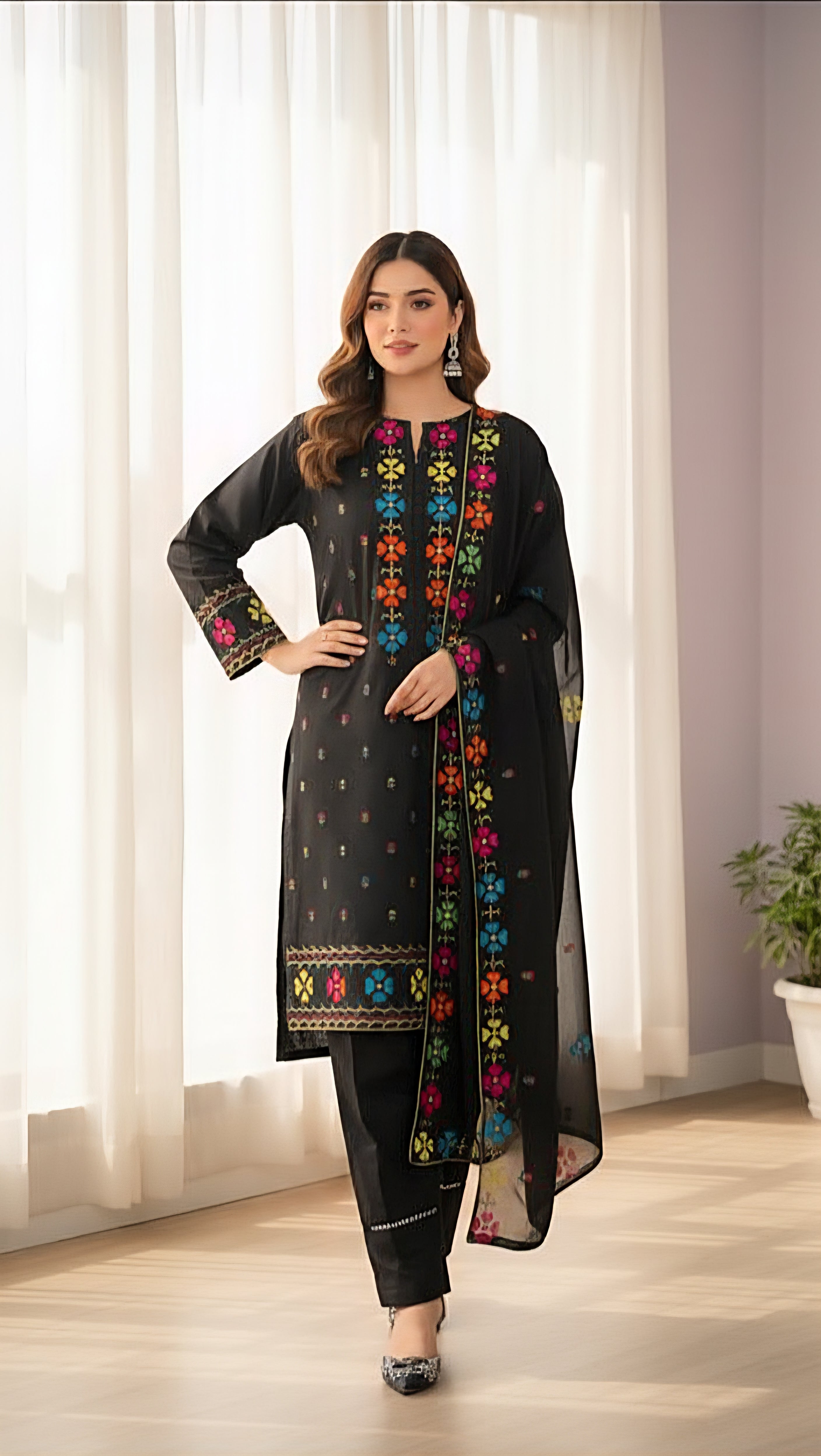 Black Cross sticht Embroidery 3pc(Stitched)