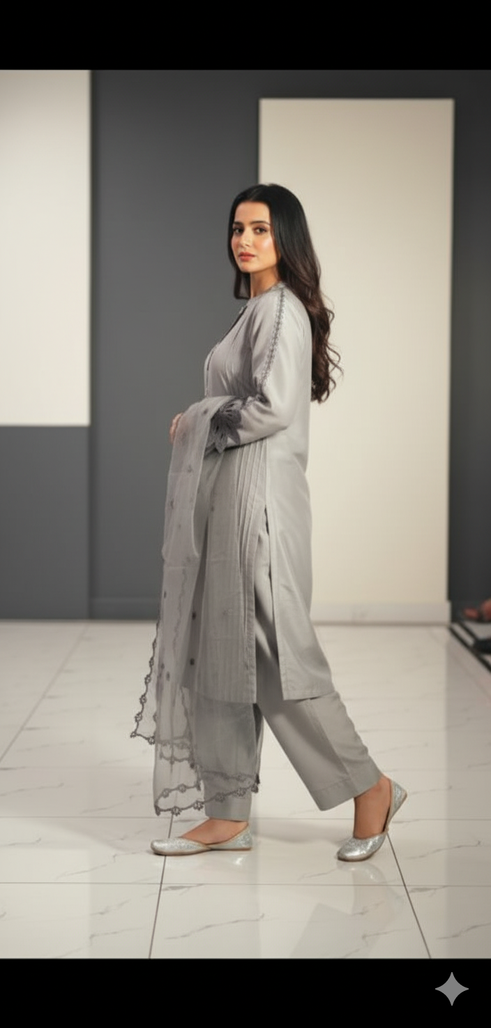 Grey silver Embroidery 3pc(Stitched)