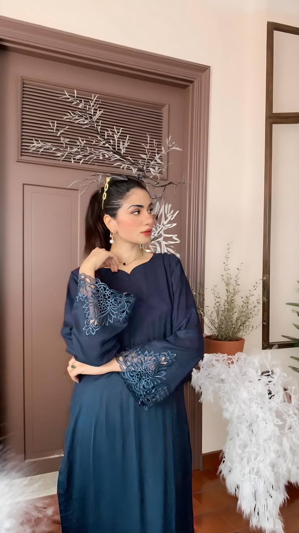 Navy blue Solid cutwork 2pc