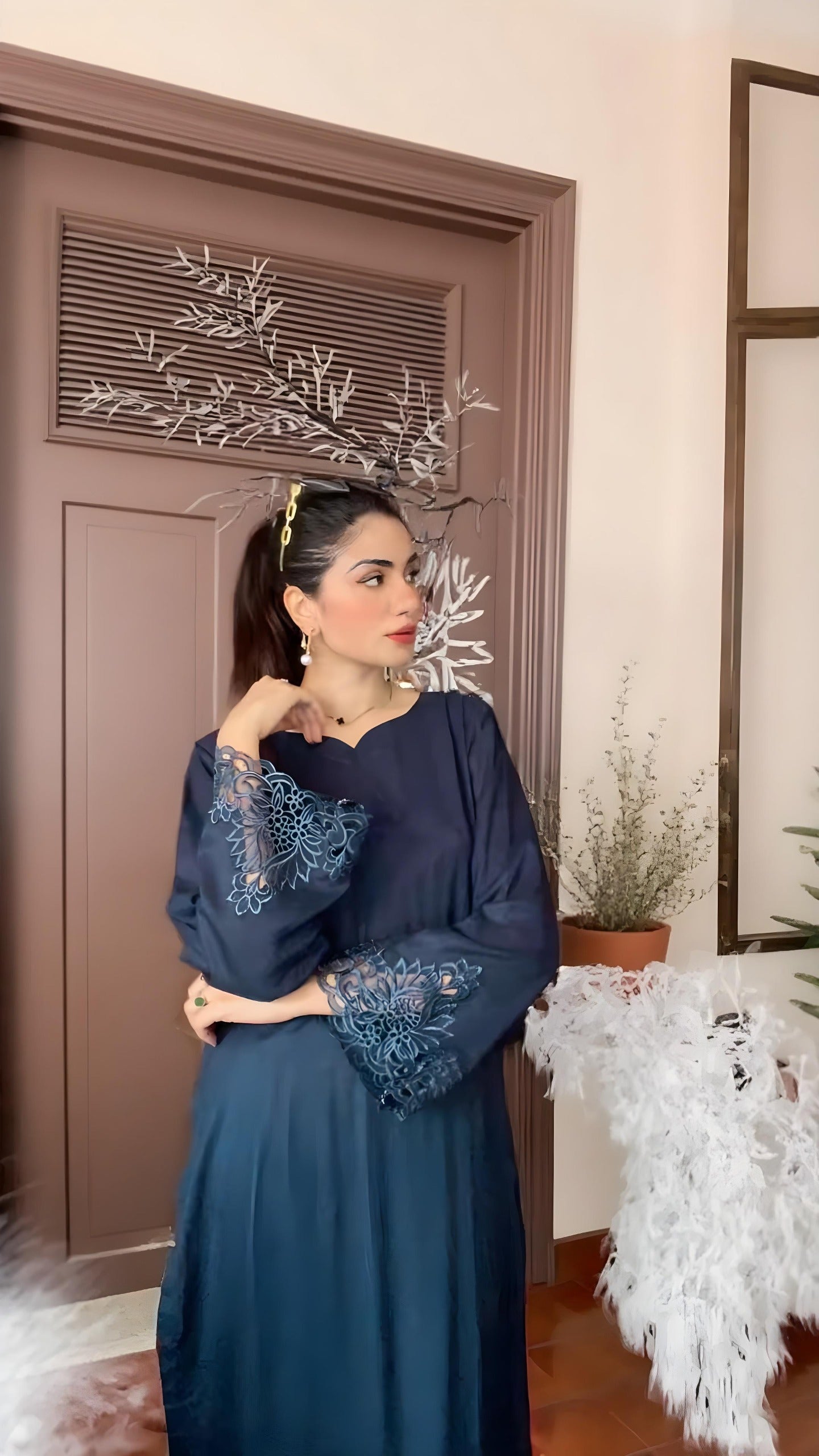 Navy blue Solid cutwork 2pc