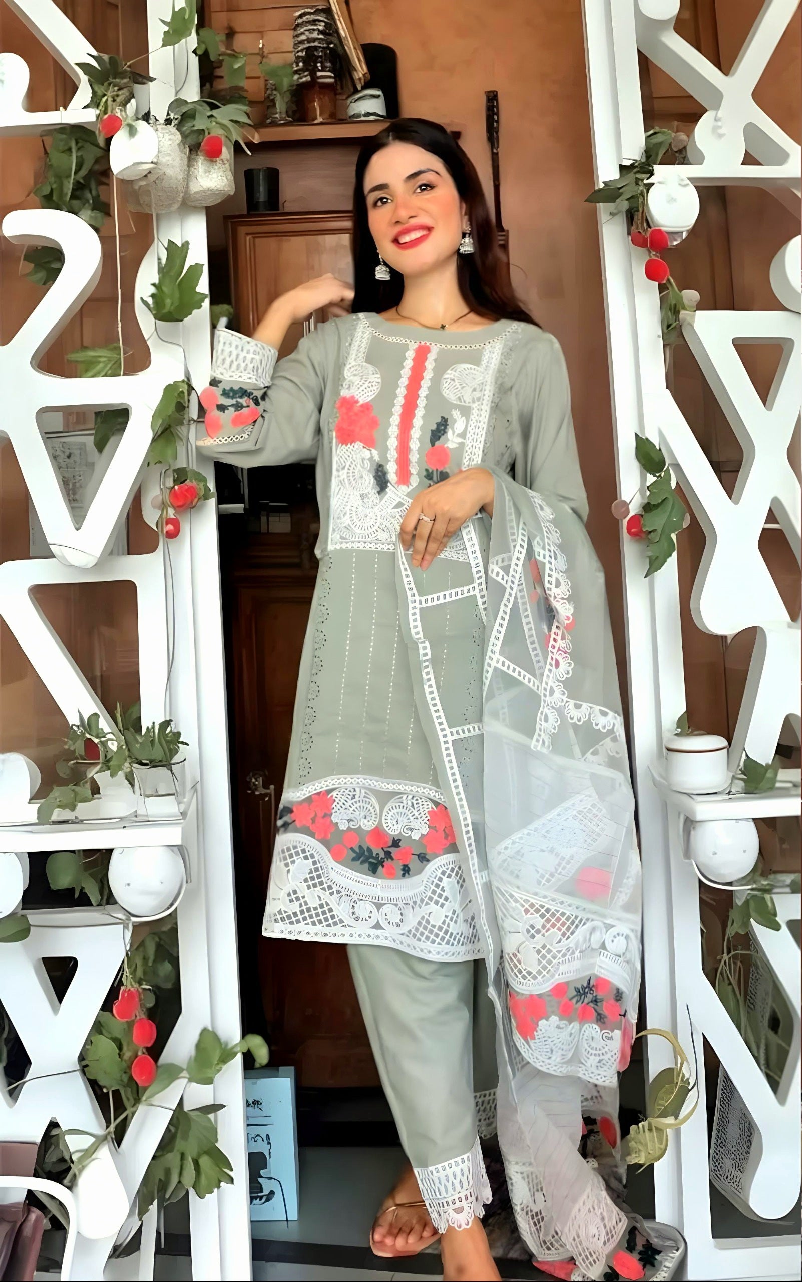 Olive Green Chickenkari Embroidery 3pcand 2pc[ defected  ]