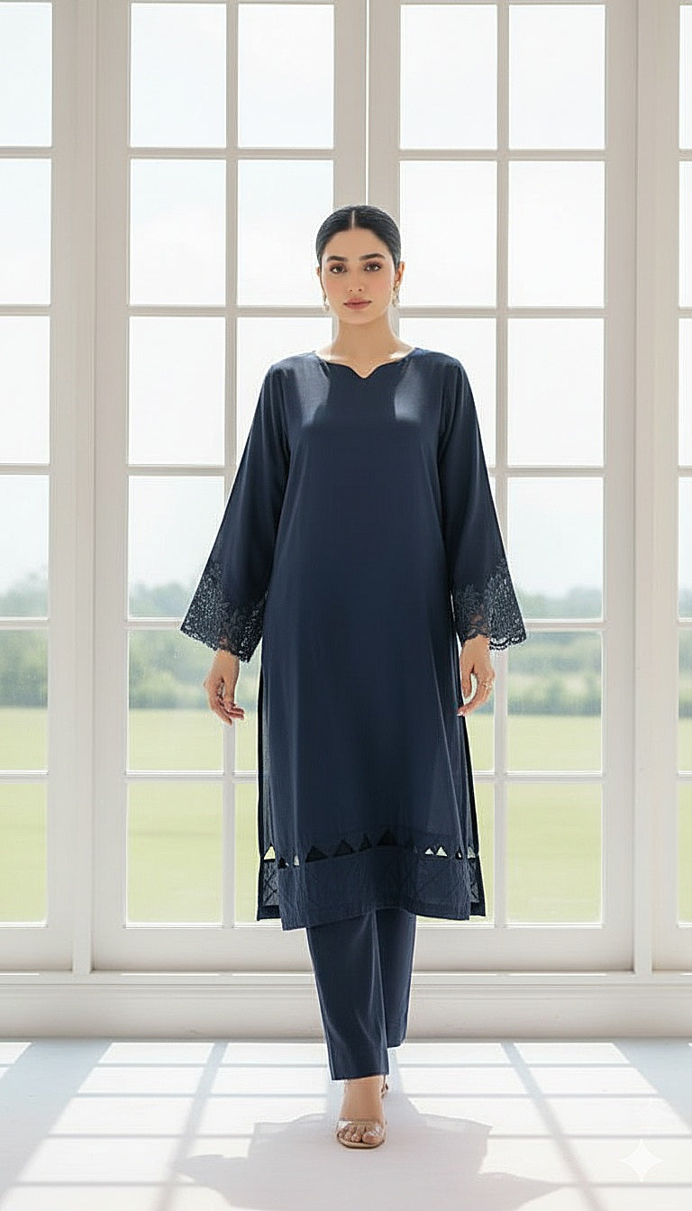 Navy blue Solid cutwork 2pc(Stitched)