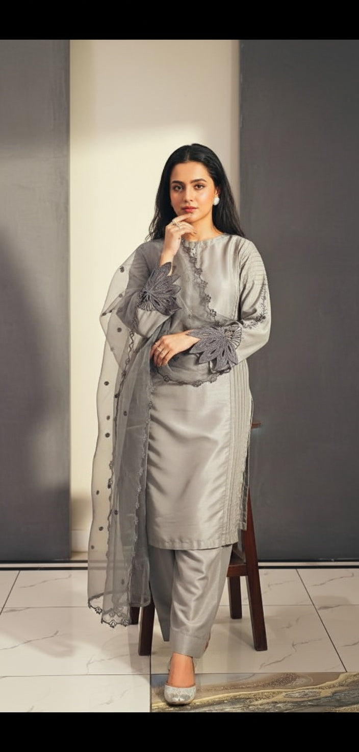 Grey silver Embroidery 3pc(Stitched)