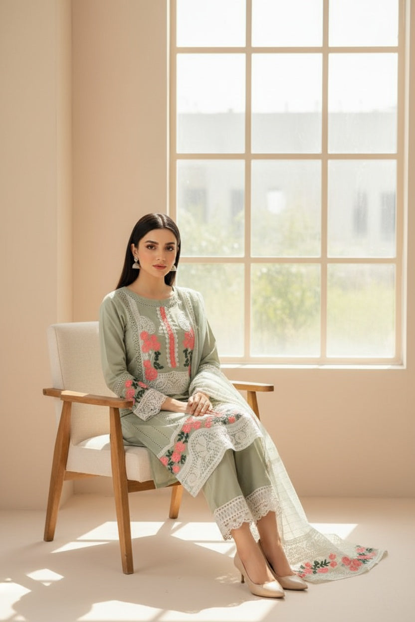 Olive Green Chickenkari Embroidery 3pc and 2pc[ minor defected  ](Stitched)