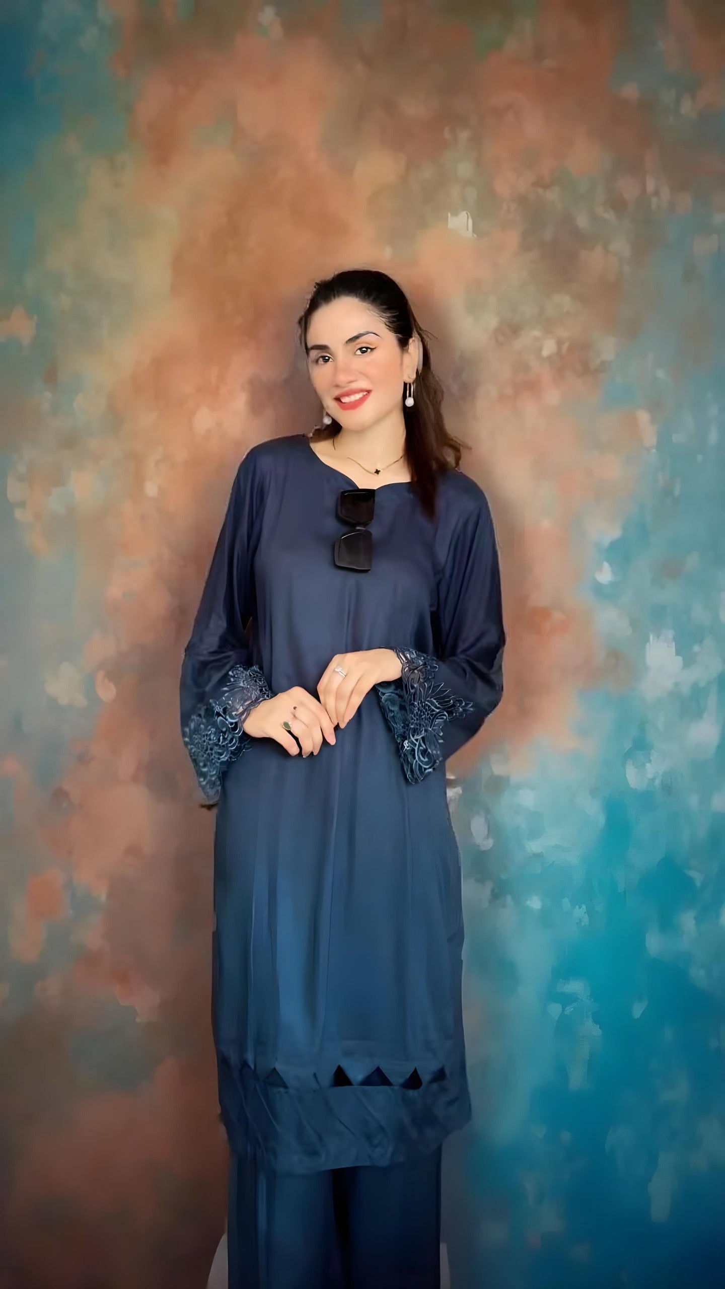 Navy blue Solid cutwork 2pc