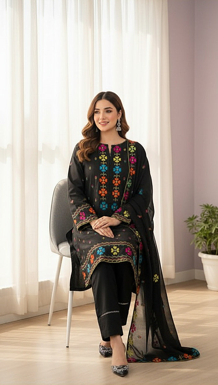 Black Cross sticht Embroidery 3pc(Stitched)