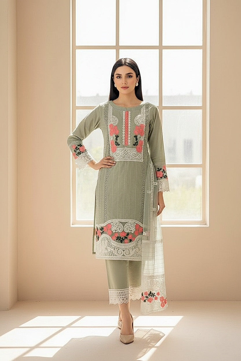 Olive Green Chickenkari Embroidery 3pc and 2pc[ minor defected  ](Stitched)