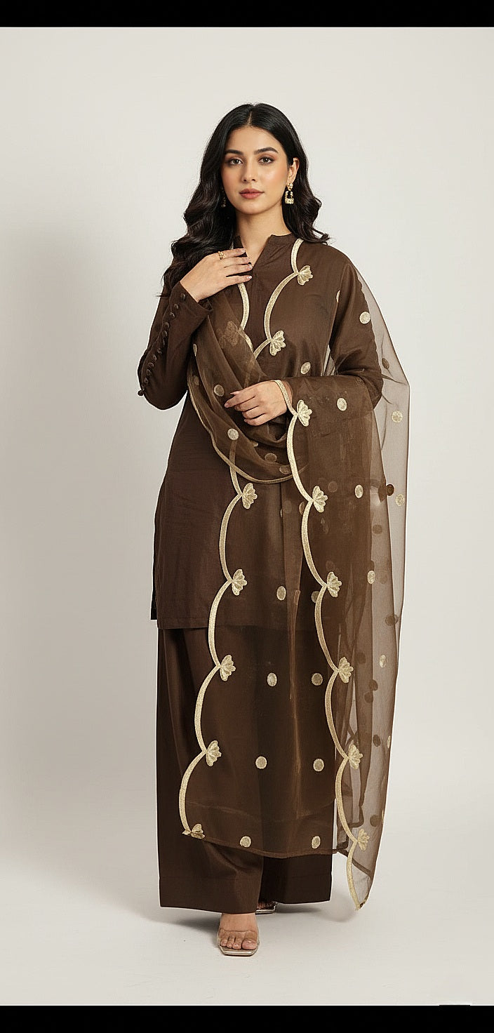 Chocolate brown Farshi Shalwar 3pc(Stitched)