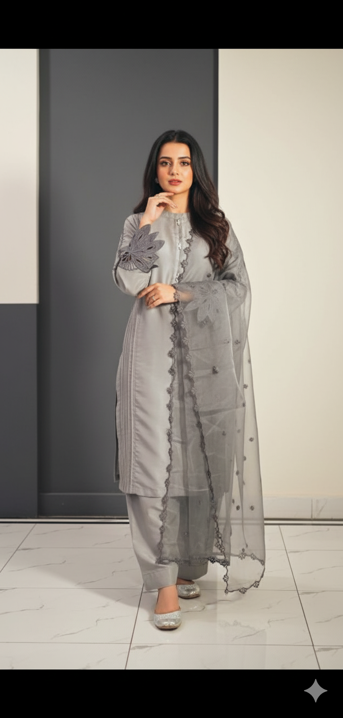 Grey silver Embroidery 3pc(Stitched)
