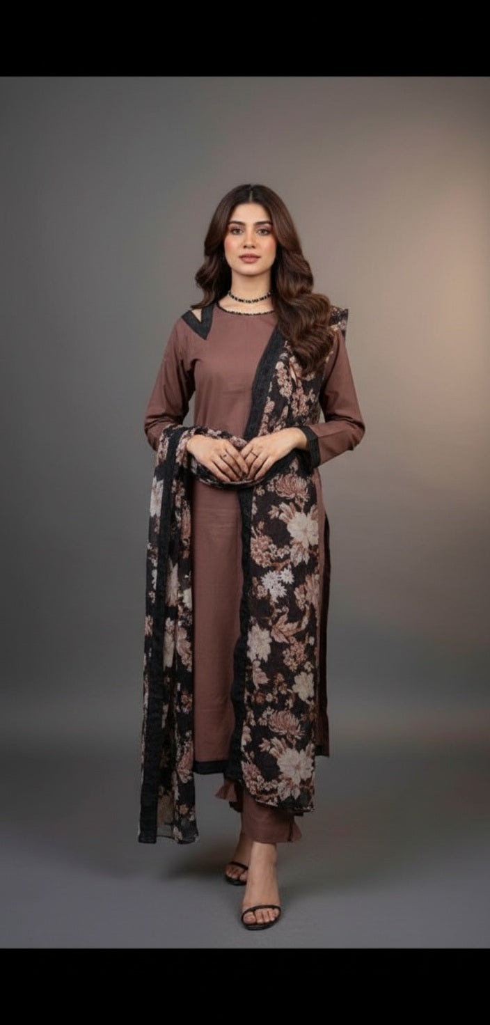 Coffee Brown Long Style 3pc(Stitched)