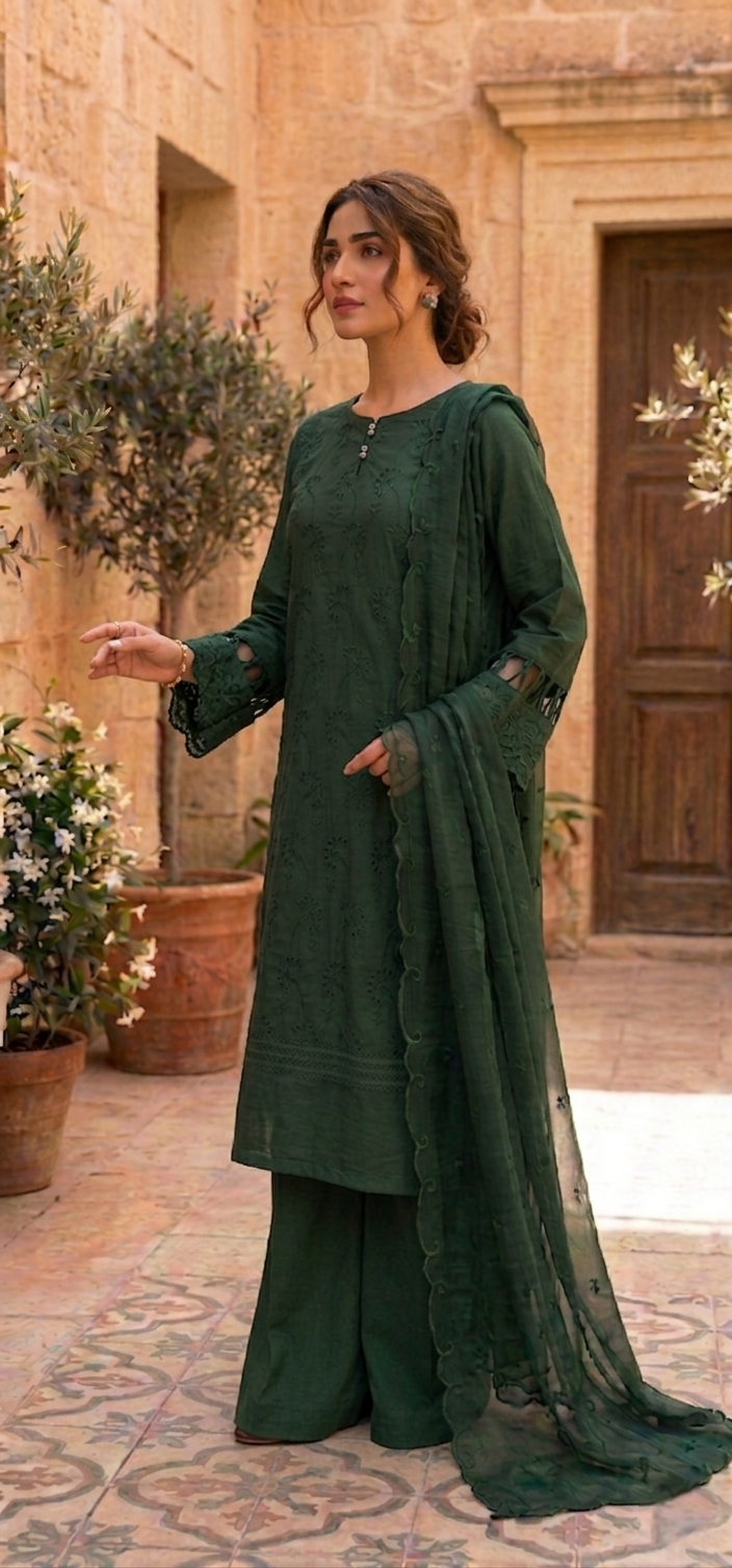 Emerald Grace Chikankari Luxe Set (Stichted)