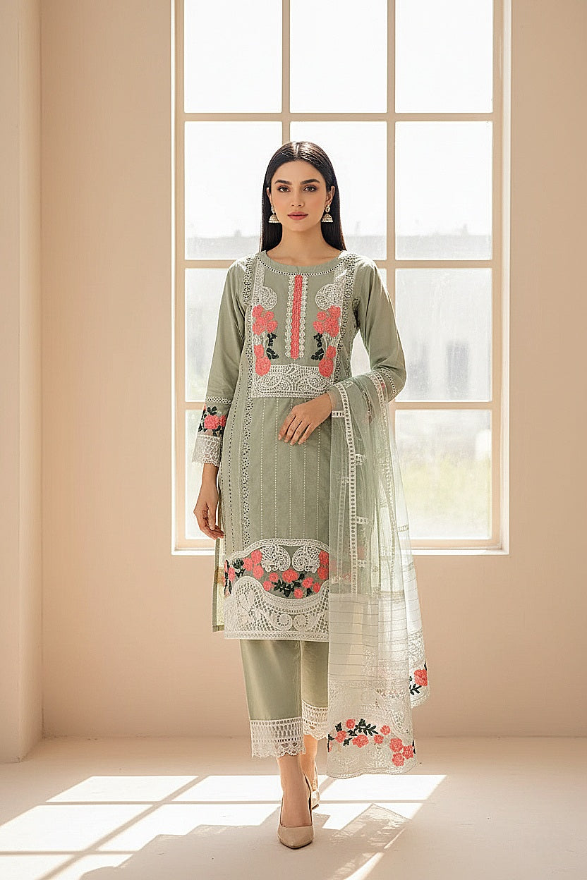 Olive Green Chickenkari Embroidery 3pc and 2pc[ minor defected  ](Stitched)