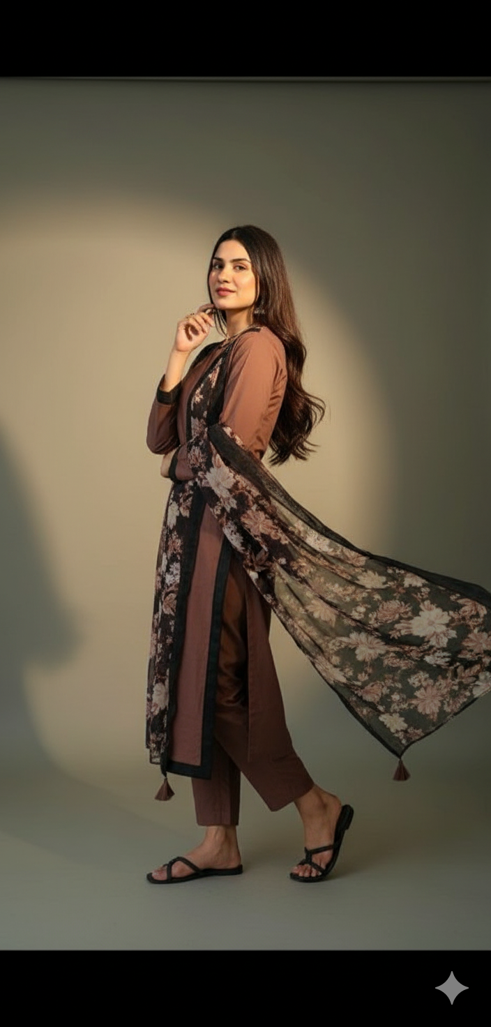 Coffee Brown Long Style 3pc(Stitched)