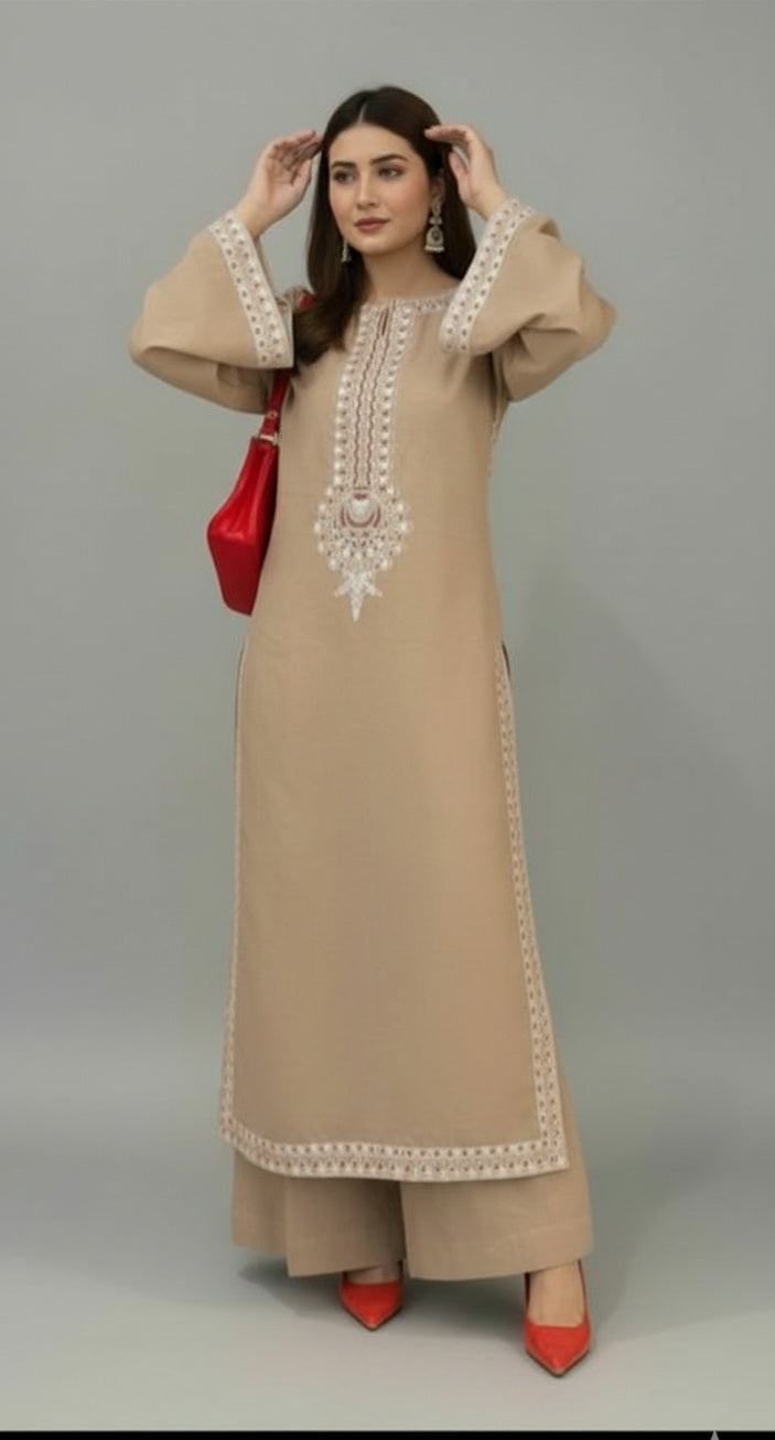Beige Bloom Embroidery 2pc(Stitched)