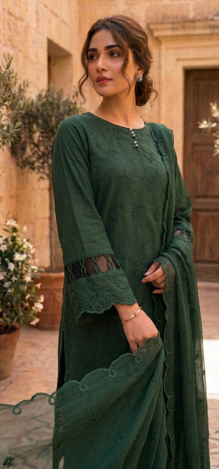 Emerald Grace Chikankari Luxe Set (Stichted)