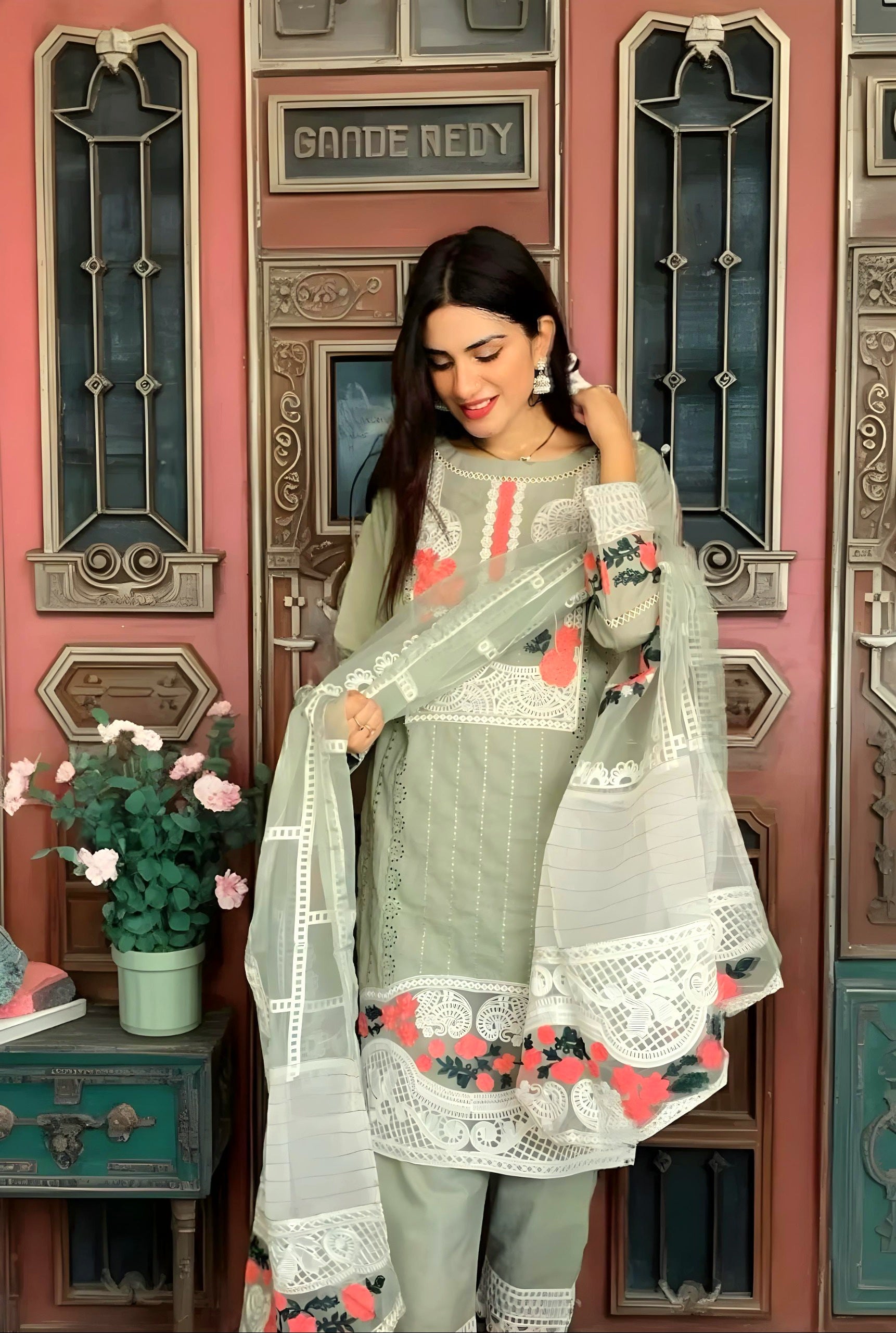 Olive Green Chickenkari Embroidery 3pcand 2pc[ defected  ]