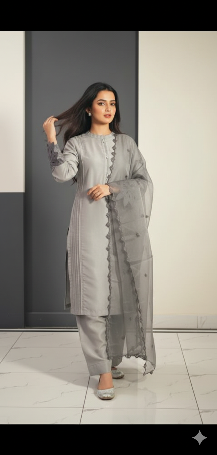 Grey silver Embroidery 3pc(Stitched)