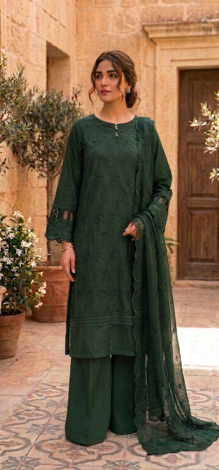 Emerald Grace Chikankari Luxe Set (Stichted)