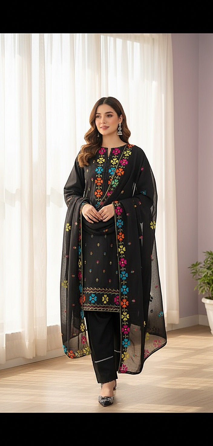 Black Cross sticht Embroidery 3pc(Stitched)