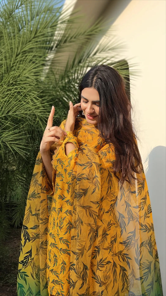 YELLOW LEAFY PRINT 3PC