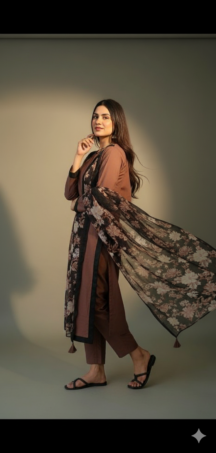 Coffee Brown Long Style 3pc(Stitched)