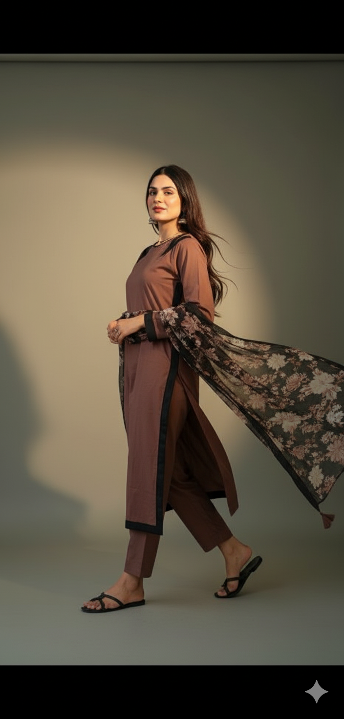 Coffee Brown Long Style 3pc(Stitched)